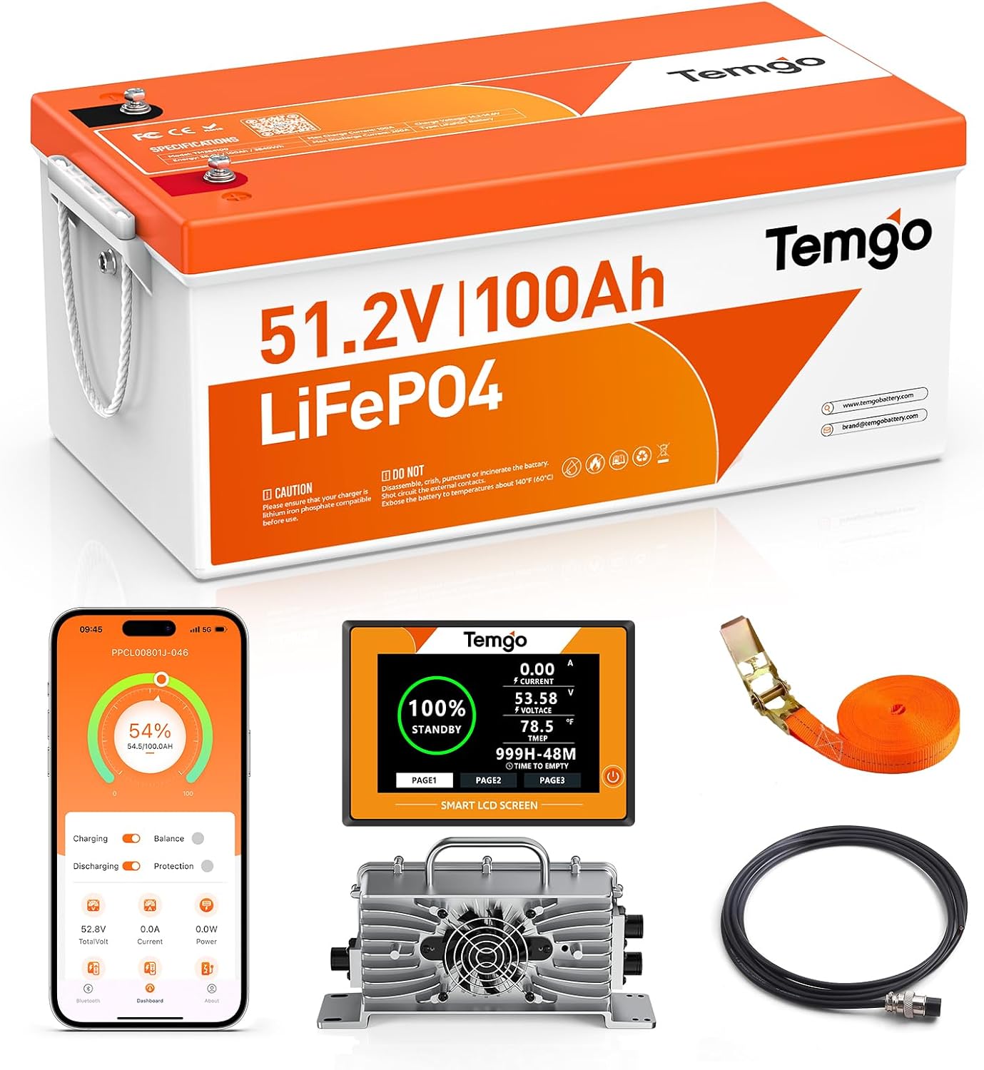 TEMGO 48V (51.2V) 100Ah LiFePO4 Lithium Golf Cart Battery